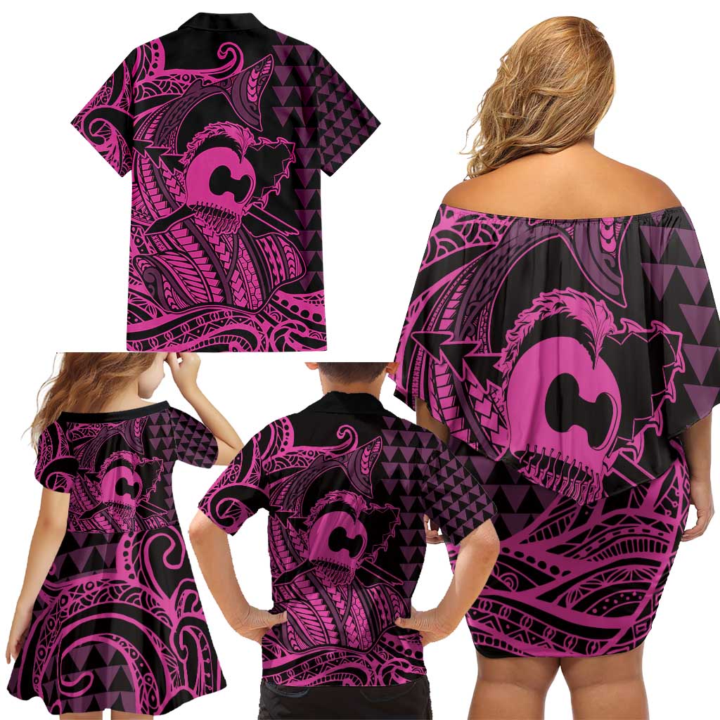 Koa Ikaika Warrior Helmet with Shark Family Matching Off Shoulder Short Dress and Hawaiian Shirt Pink Kakau Style