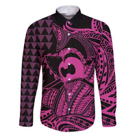 Koa Ikaika Warrior Helmet with Shark Family Matching Off Shoulder Short Dress and Hawaiian Shirt Pink Kakau Style