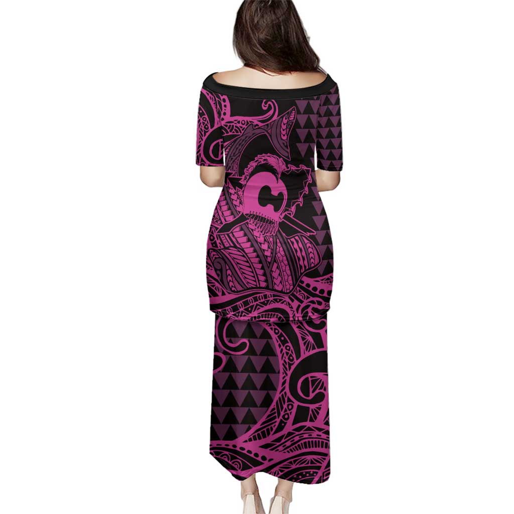 Koa Ikaika Warrior Helmet with Shark Family Matching Puletasi and Hawaiian Shirt Pink Kakau Style