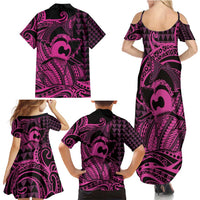 Koa Ikaika Warrior Helmet with Shark Family Matching Summer Maxi Dress and Hawaiian Shirt Pink Kakau Style