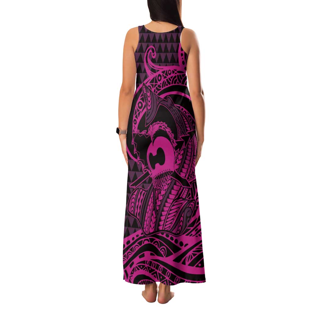 Koa Ikaika Warrior Helmet with Shark Tank Maxi Dress Pink Kakau Style