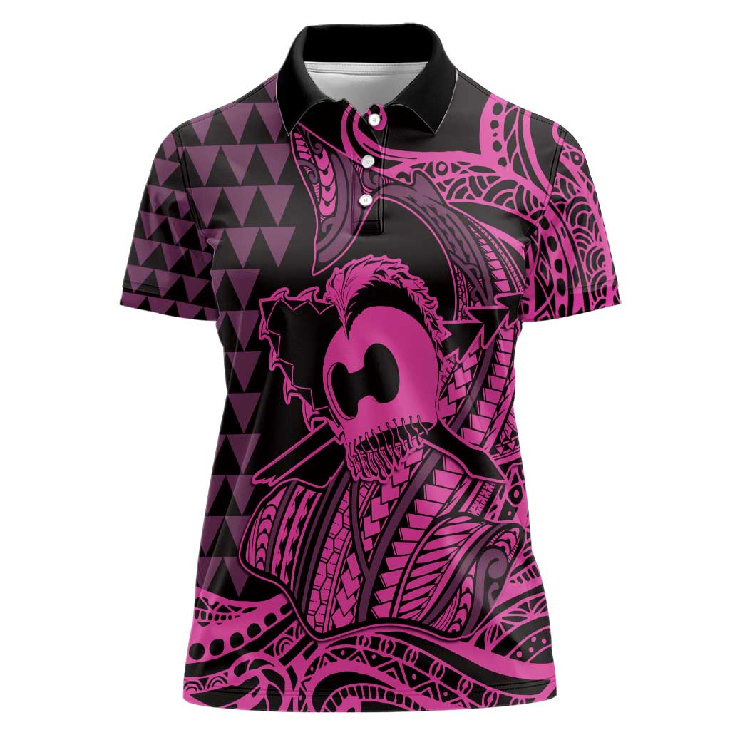 Koa Ikaika Warrior Helmet with Shark Women Polo Shirt Pink Kakau Style