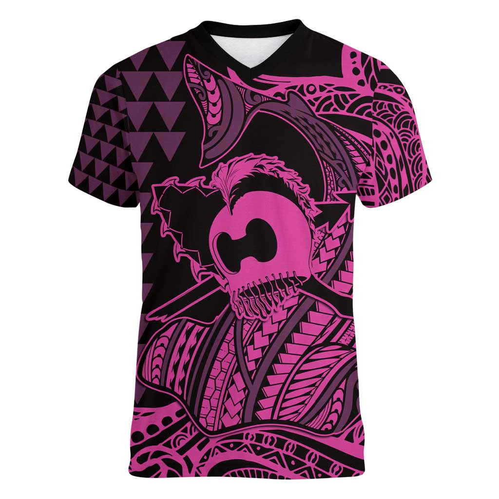 Koa Ikaika Warrior Helmet with Shark Women V-Neck T-Shirt Pink Kakau Style