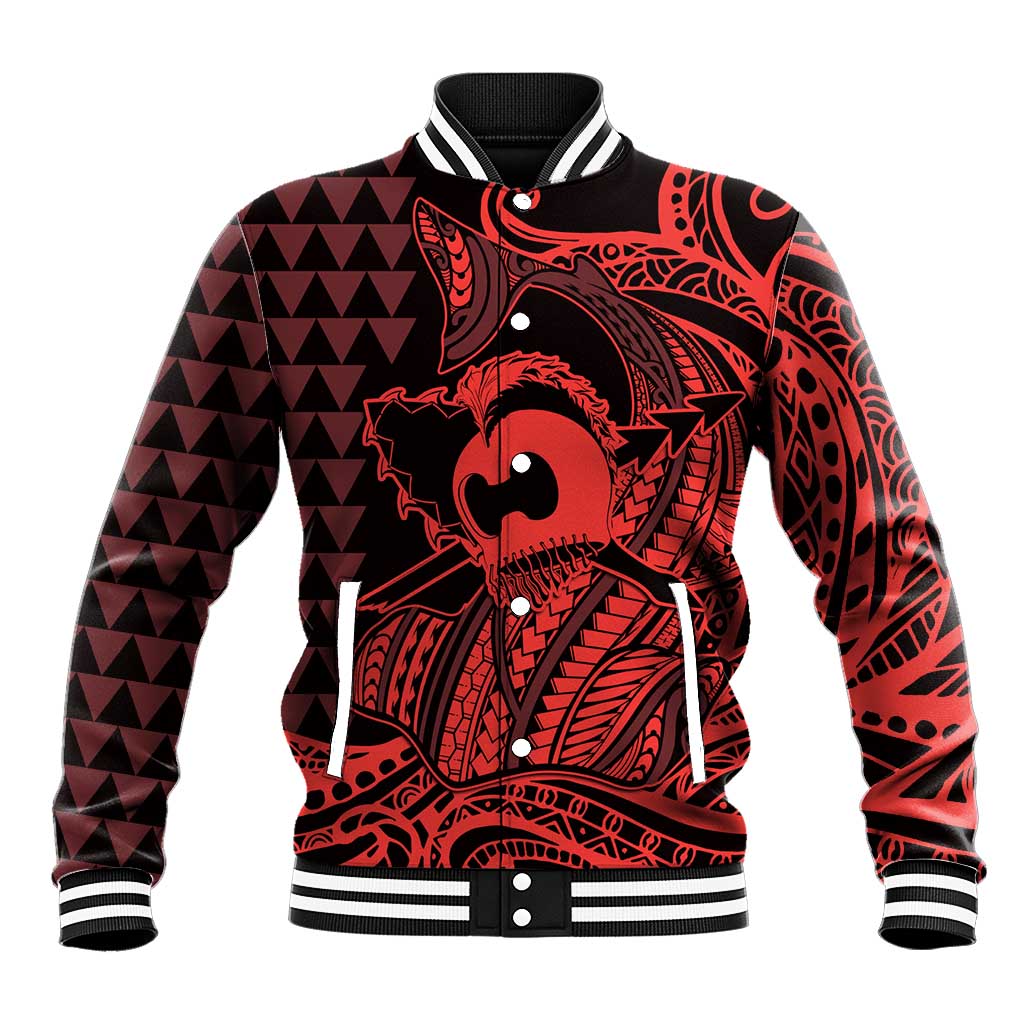Koa Ikaika Warrior Helmet with Shark Baseball Jacket Red Kakau Style