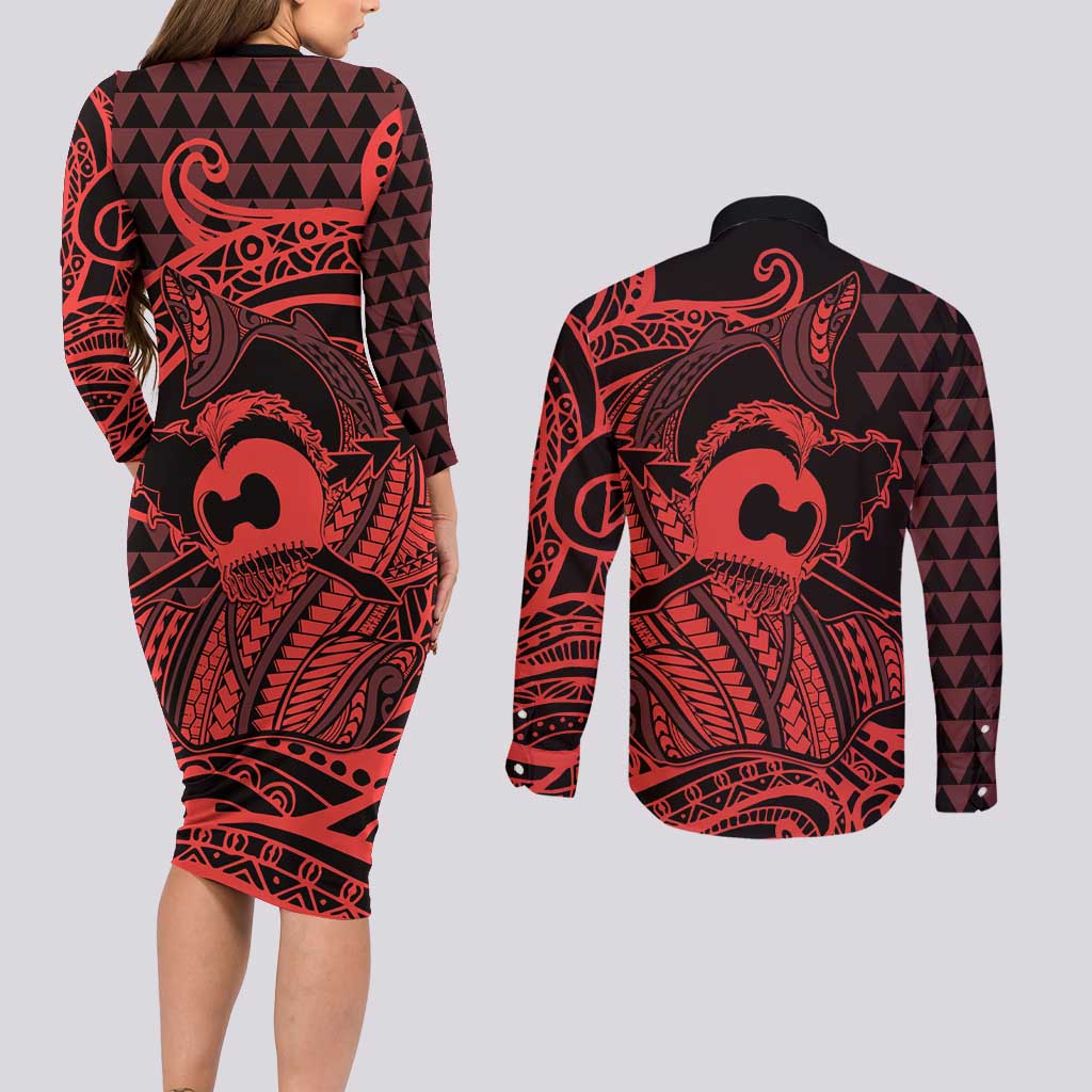Koa Ikaika Warrior Helmet with Shark Couples Matching Long Sleeve Bodycon Dress and Long Sleeve Button Shirt Red Kakau Style