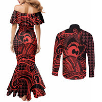 Koa Ikaika Warrior Helmet with Shark Couples Matching Mermaid Dress and Long Sleeve Button Shirt Red Kakau Style