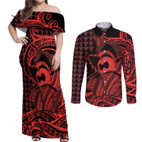 Koa Ikaika Warrior Helmet with Shark Couples Matching Off Shoulder Maxi Dress and Long Sleeve Button Shirt Red Kakau Style
