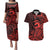 Koa Ikaika Warrior Helmet with Shark Couples Matching Puletasi and Hawaiian Shirt Red Kakau Style