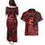 Koa Ikaika Warrior Helmet with Shark Couples Matching Puletasi and Hawaiian Shirt Red Kakau Style