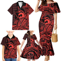 Koa Ikaika Warrior Helmet with Shark Family Matching Mermaid Dress and Hawaiian Shirt Red Kakau Style