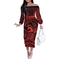 Koa Ikaika Warrior Helmet with Shark Family Matching Off The Shoulder Long Sleeve Dress and Hawaiian Shirt Red Kakau Style
