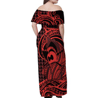 Koa Ikaika Warrior Helmet with Shark Family Matching Off Shoulder Maxi Dress and Hawaiian Shirt Red Kakau Style