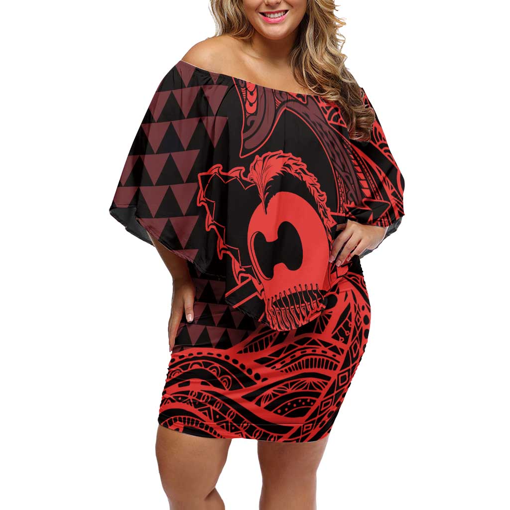 Koa Ikaika Warrior Helmet with Shark Family Matching Off Shoulder Short Dress and Hawaiian Shirt Red Kakau Style