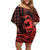 Koa Ikaika Warrior Helmet with Shark Family Matching Off Shoulder Short Dress and Hawaiian Shirt Red Kakau Style
