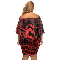 Koa Ikaika Warrior Helmet with Shark Family Matching Off Shoulder Short Dress and Hawaiian Shirt Red Kakau Style