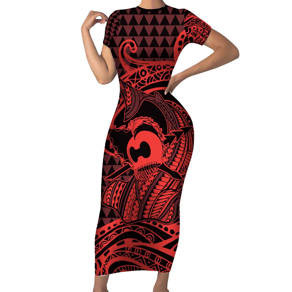 Koa Ikaika Warrior Helmet with Shark Family Matching Short Sleeve Bodycon Dress and Hawaiian Shirt Red Kakau Style