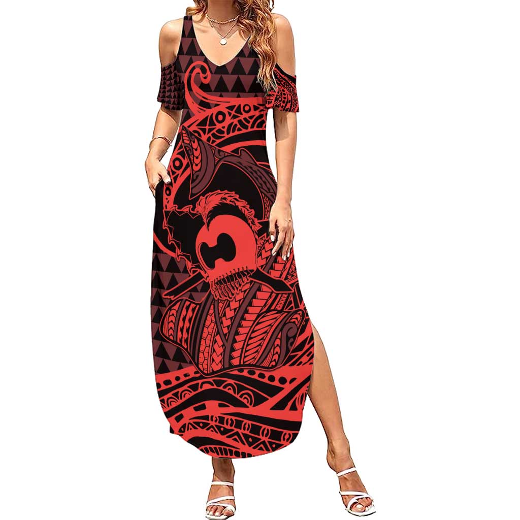 Koa Ikaika Warrior Helmet with Shark Family Matching Summer Maxi Dress and Hawaiian Shirt Red Kakau Style