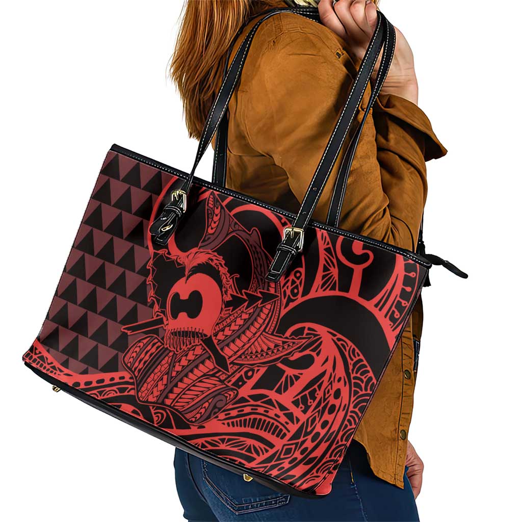 Koa Ikaika Warrior Helmet with Shark Leather Tote Bag Red Kakau Style