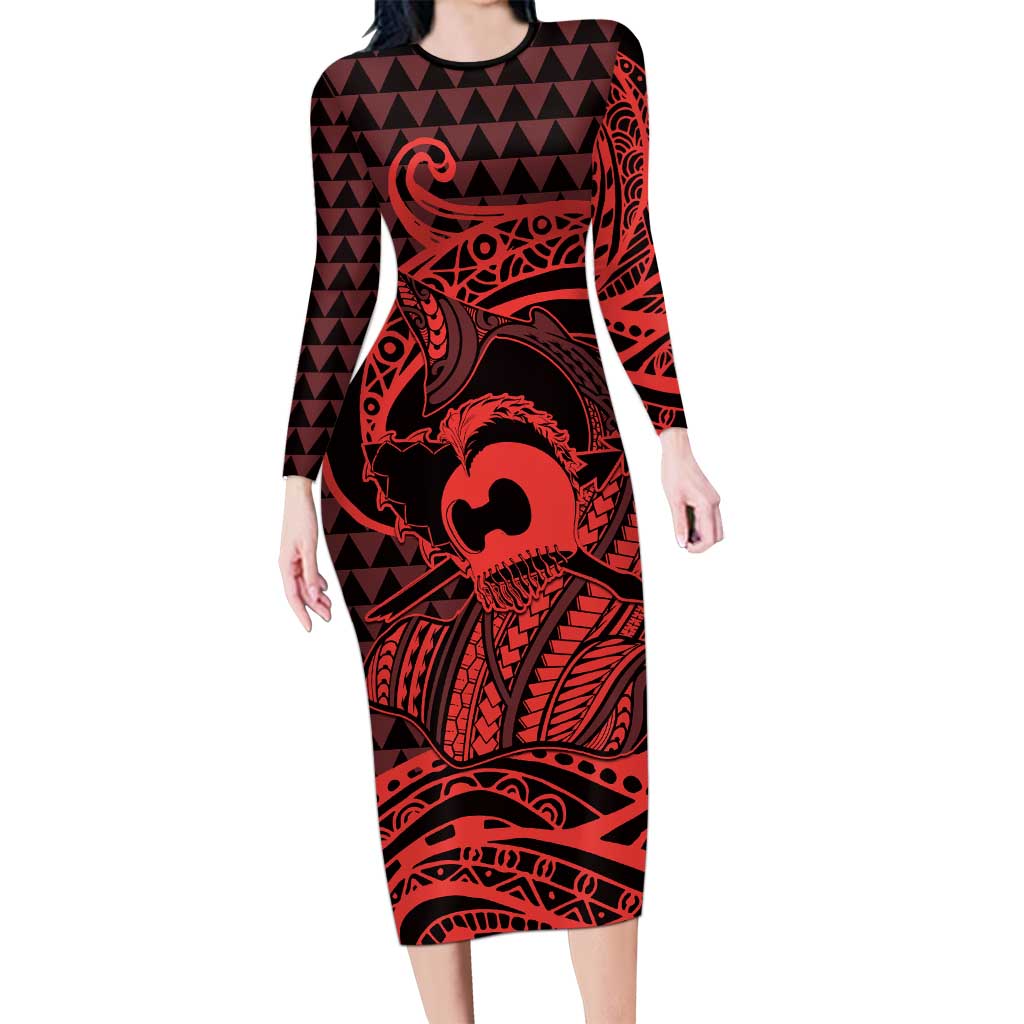 Koa Ikaika Warrior Helmet with Shark Long Sleeve Bodycon Dress Red Kakau Style LT9 Long Dress Red - Polynesian Pride
