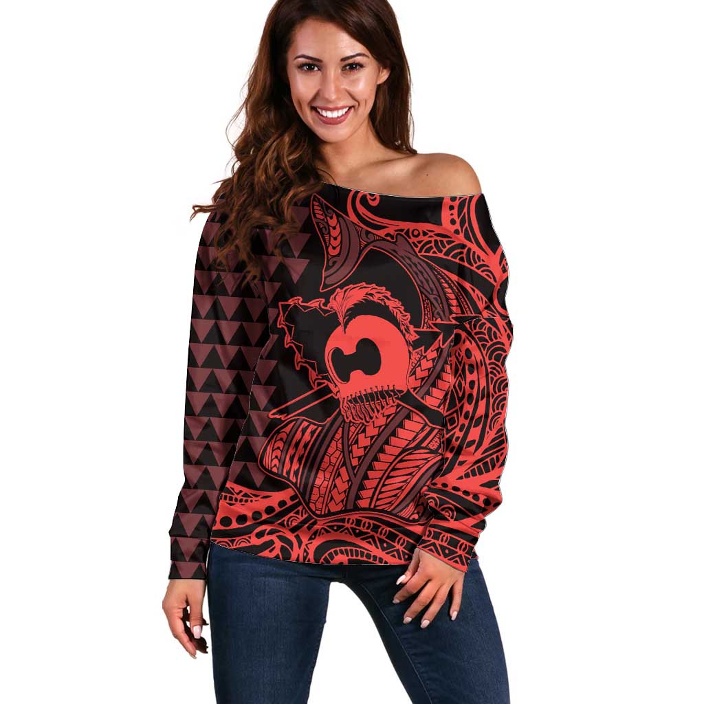 Koa Ikaika Warrior Helmet with Shark Off Shoulder Sweater Red Kakau Style LT9 Women Red - Polynesian Pride