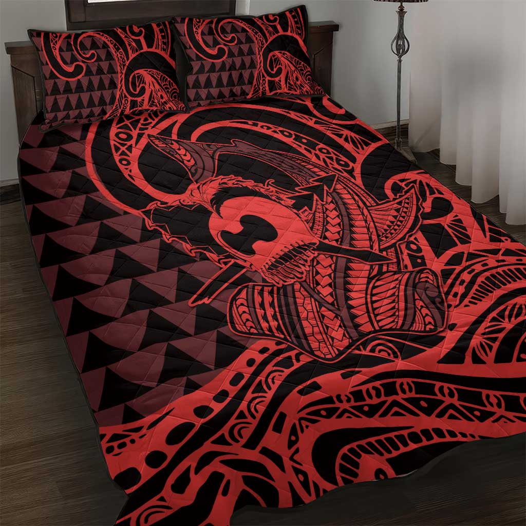 Koa Ikaika Warrior Helmet with Shark Quilt Bed Set Red Kakau Style LT9 Red - Polynesian Pride