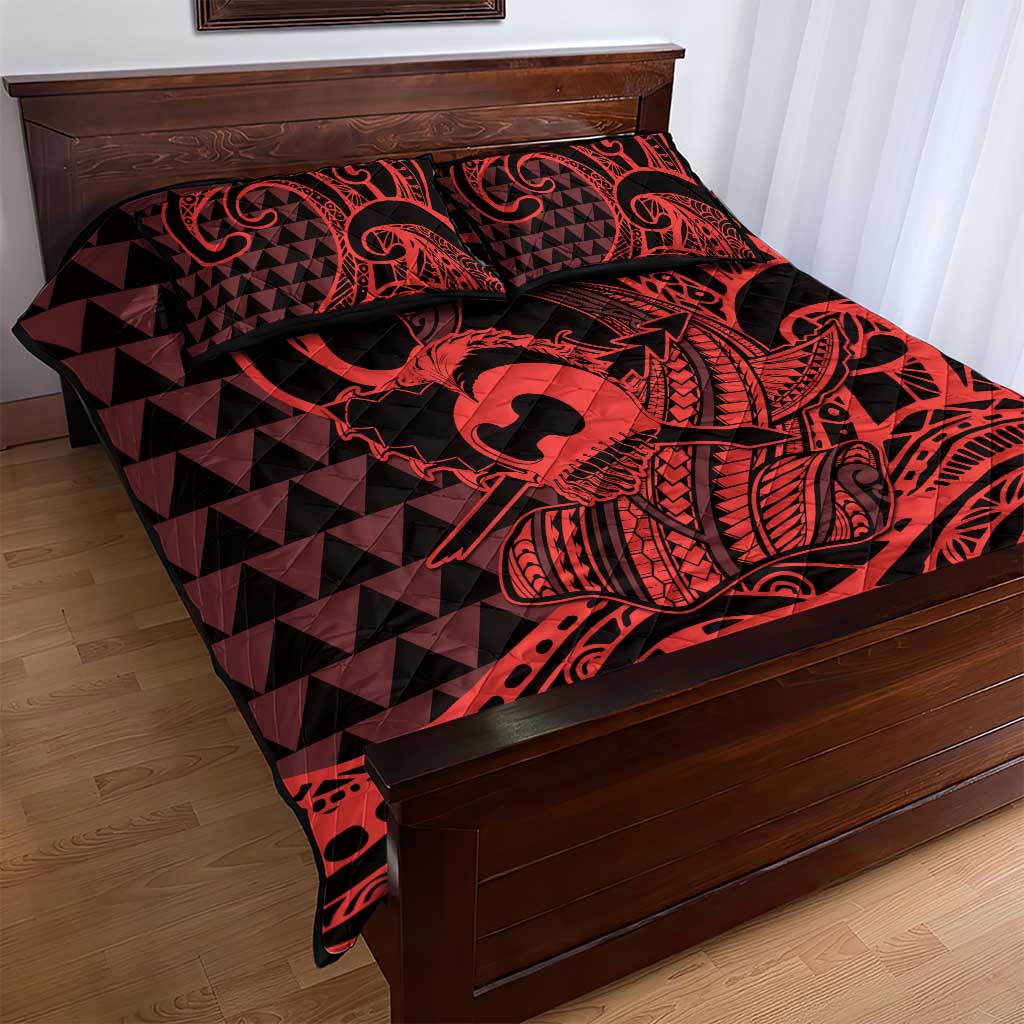 Koa Ikaika Warrior Helmet with Shark Quilt Bed Set Red Kakau Style
