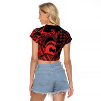 Koa Ikaika Warrior Helmet with Shark Raglan Cropped T Shirt Red Kakau Style