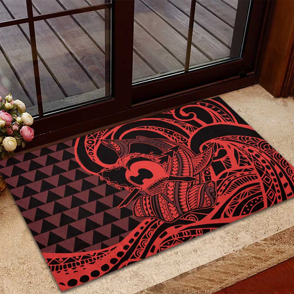 Koa Ikaika Warrior Helmet with Shark Rubber Doormat Red Kakau Style LT9 - Polynesian Pride