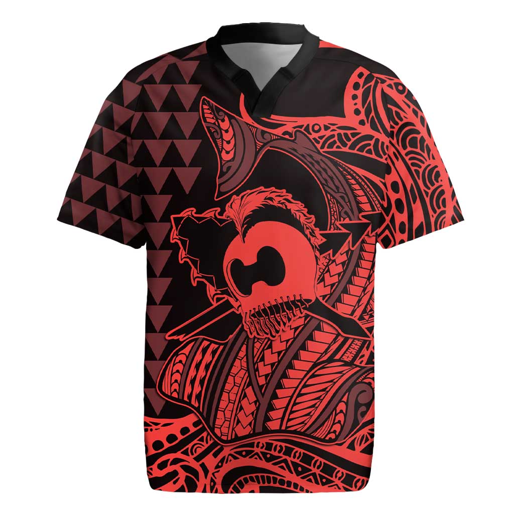 Koa Ikaika Warrior Helmet with Shark Rugby Jersey Red Kakau Style