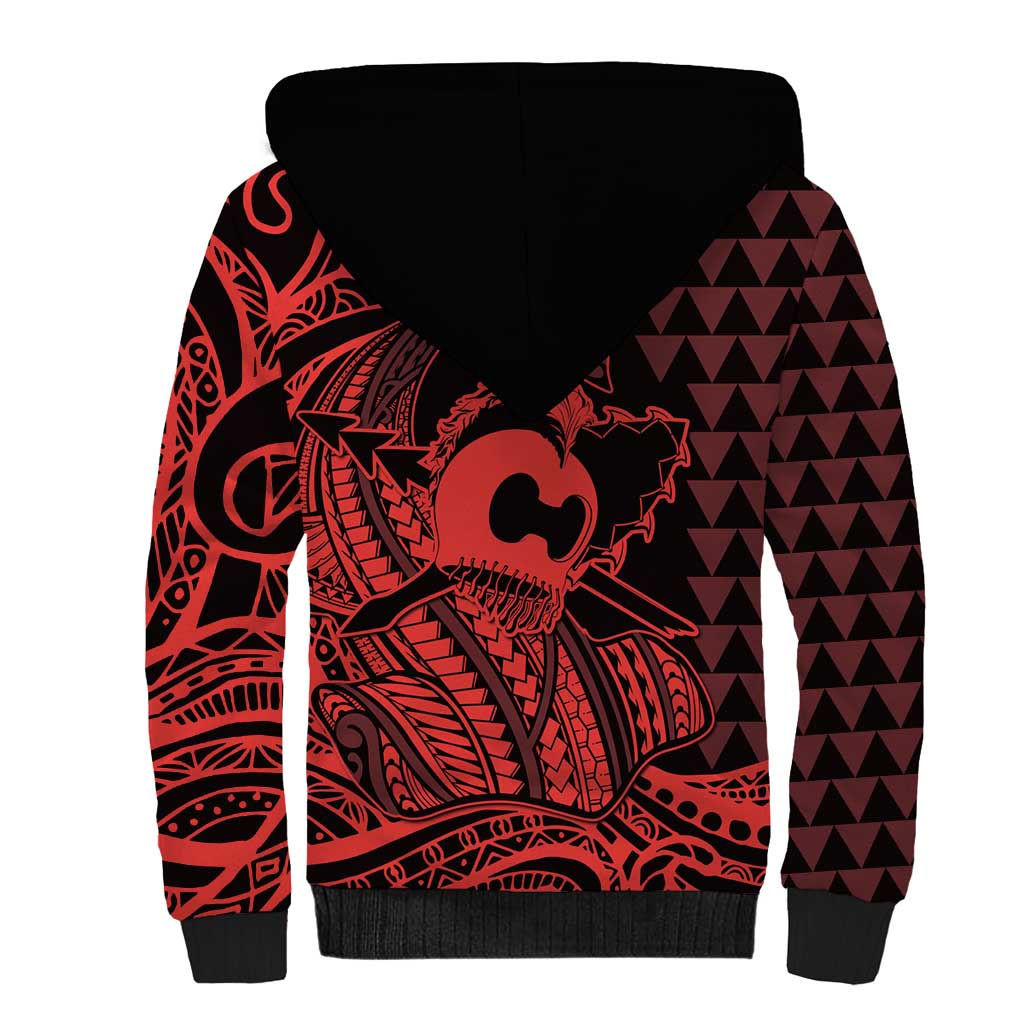 Koa Ikaika Warrior Helmet with Shark Sherpa Hoodie Red Kakau Style