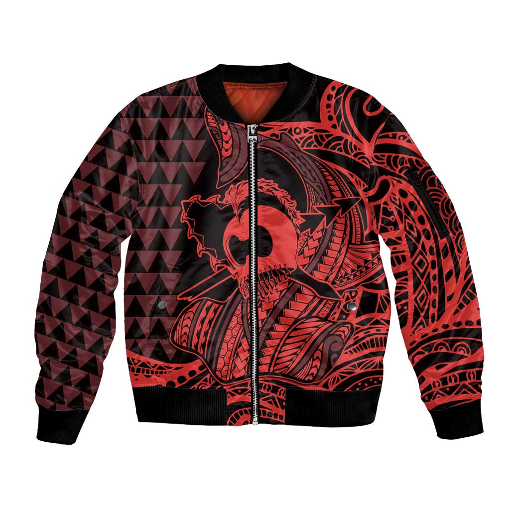 Koa Ikaika Warrior Helmet with Shark Sleeve Zip Bomber Jacket Red Kakau Style LT9 Unisex Red - Polynesian Pride