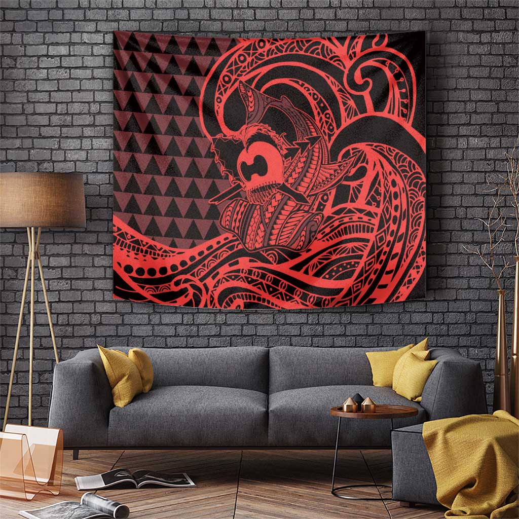 Koa Ikaika Warrior Helmet with Shark Tapestry Red Kakau Style LT9 Red - Polynesian Pride