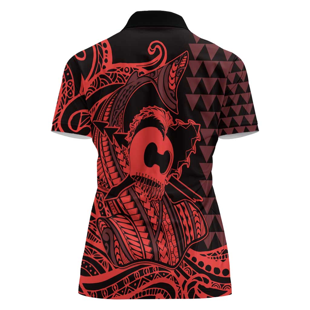 Koa Ikaika Warrior Helmet with Shark Women Polo Shirt Red Kakau Style