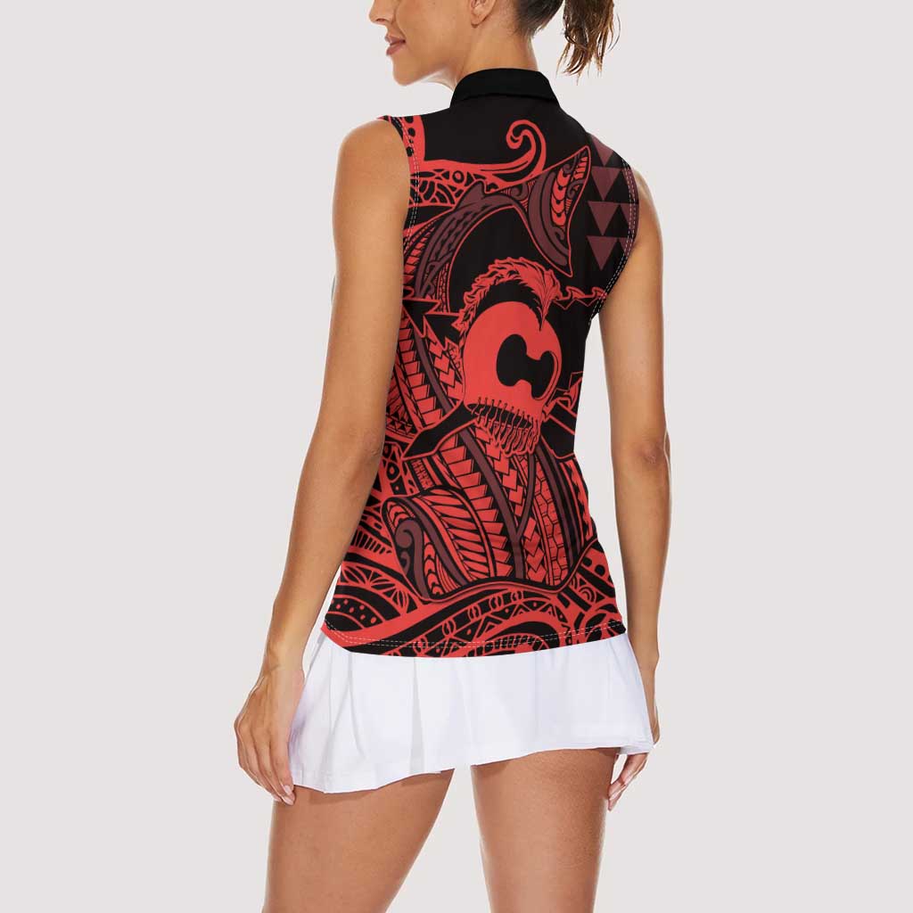 Koa Ikaika Warrior Helmet with Shark Women Sleeveless Polo Shirt Red Kakau Style