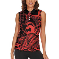 Koa Ikaika Warrior Helmet with Shark Women Sleeveless Polo Shirt Red Kakau Style