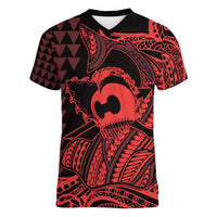 Koa Ikaika Warrior Helmet with Shark Women V-Neck T-Shirt Red Kakau Style