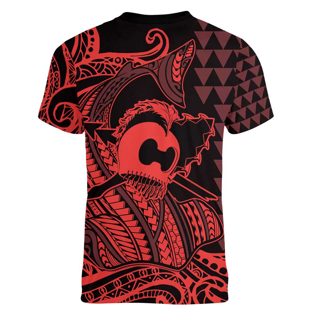 Koa Ikaika Warrior Helmet with Shark Women V-Neck T-Shirt Red Kakau Style