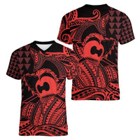 Koa Ikaika Warrior Helmet with Shark Women V-Neck T-Shirt Red Kakau Style