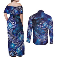 North Island Kokako and South Island Kokako Couples Matching Off Shoulder Maxi Dress and Long Sleeve Button Shirt New Zealand Native Bird with Galaxy Vibe