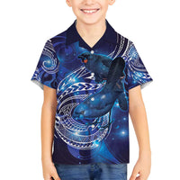 North Island Kokako and South Island Kokako Family Matching Off Shoulder Short Dress and Hawaiian Shirt New Zealand Native Bird with Galaxy Vibe