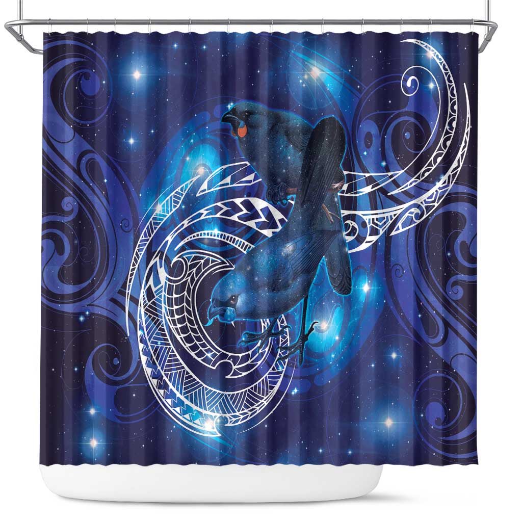 North Island Kokako and South Island Kokako Shower Curtain New Zealand Native Bird with Galaxy Vibe LT9 Galaxy - Polynesian Pride