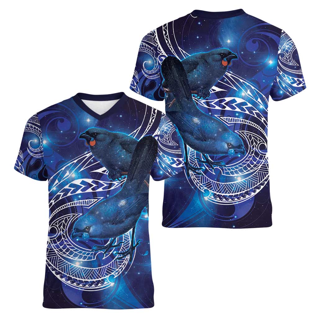 North Island Kokako and South Island Kokako Women V-Neck T-Shirt New Zealand Native Bird with Galaxy Vibe
