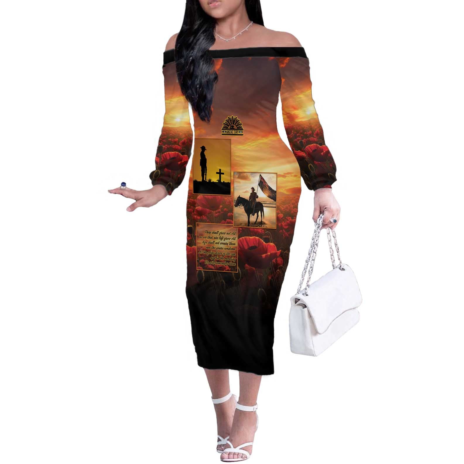 ANZAC Day Film Reel Lest We Forget Off The Shoulder Long Sleeve Dress Australia NZ Memorial