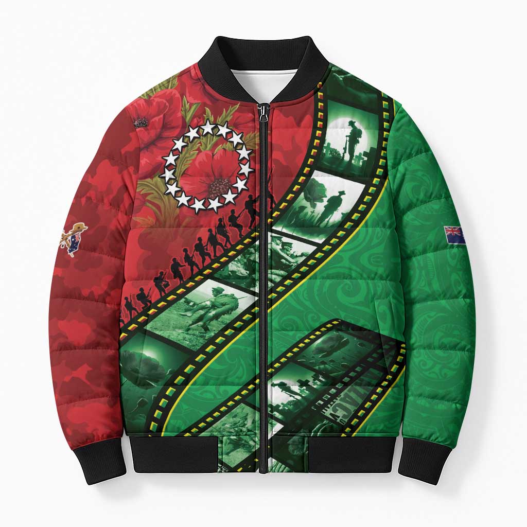 Personalised Cook Islands ANZAC 1915-2026 Filmstrip Bomber Puffer Jacket Lest We Forget 25 April