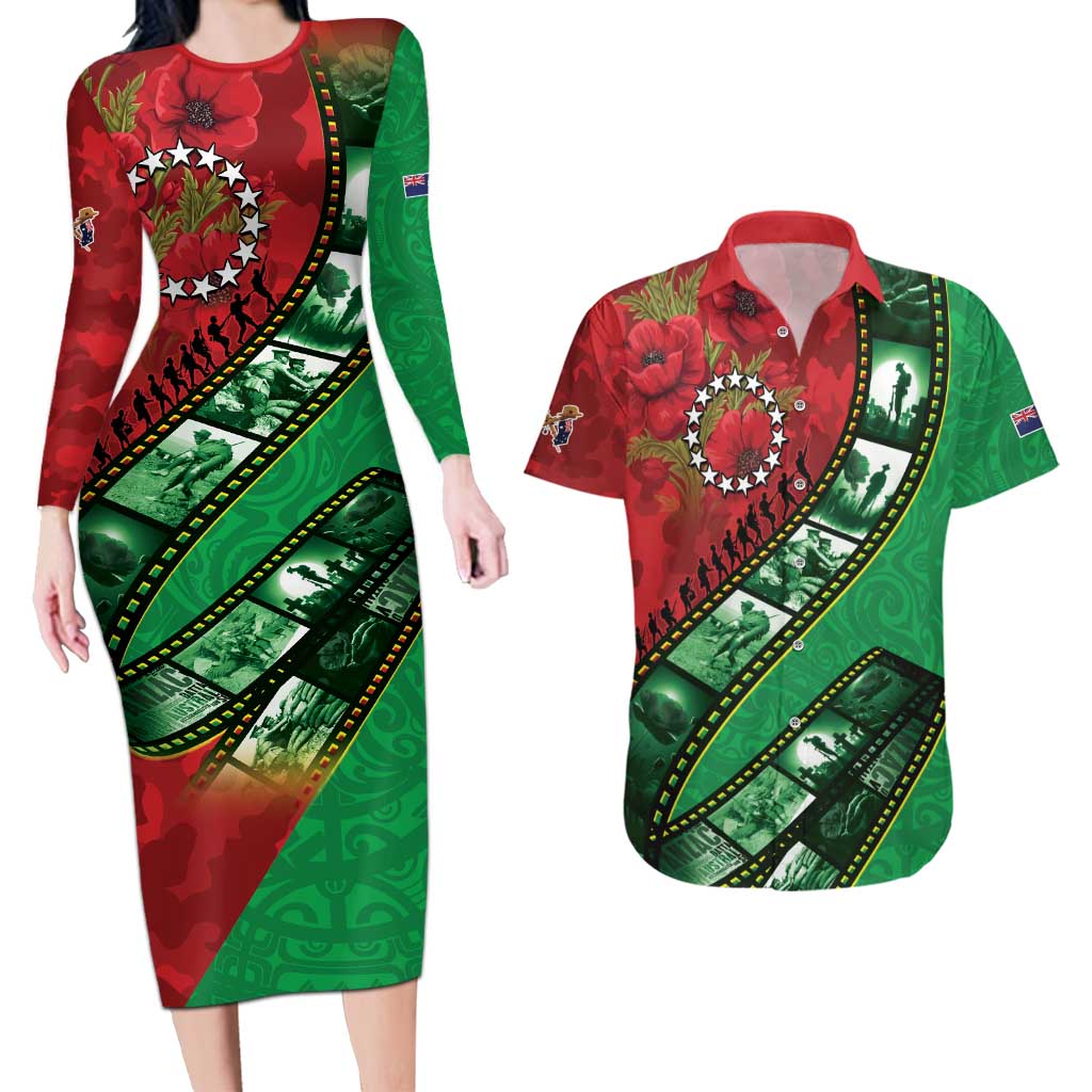 Personalised Cook Islands ANZAC 1915-2026 Filmstrip Couples Matching Long Sleeve Bodycon Dress and Hawaiian Shirt Lest We Forget 25 April