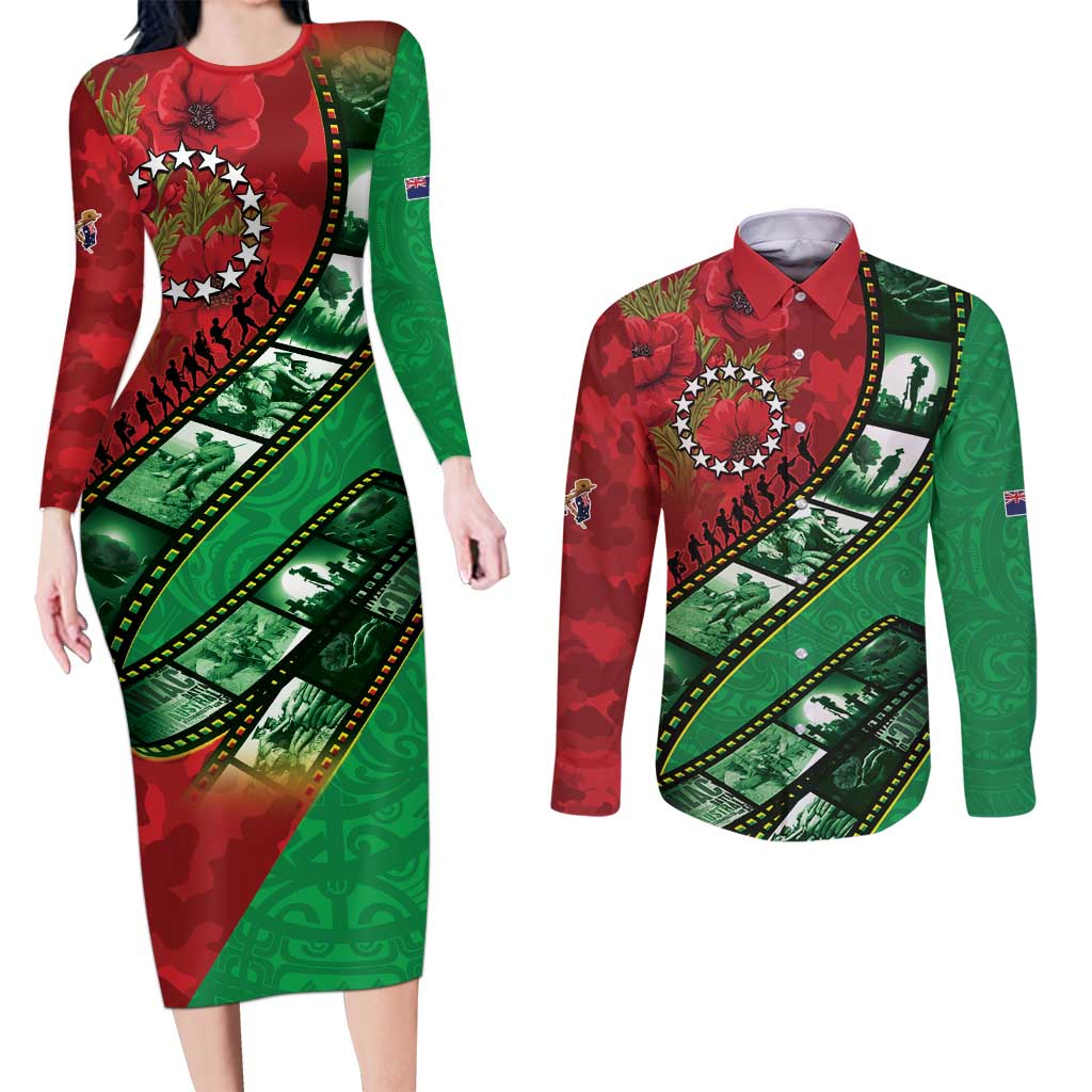 Personalised Cook Islands ANZAC 1915-2026 Filmstrip Couples Matching Long Sleeve Bodycon Dress and Long Sleeve Button Shirt Lest We Forget 25 April