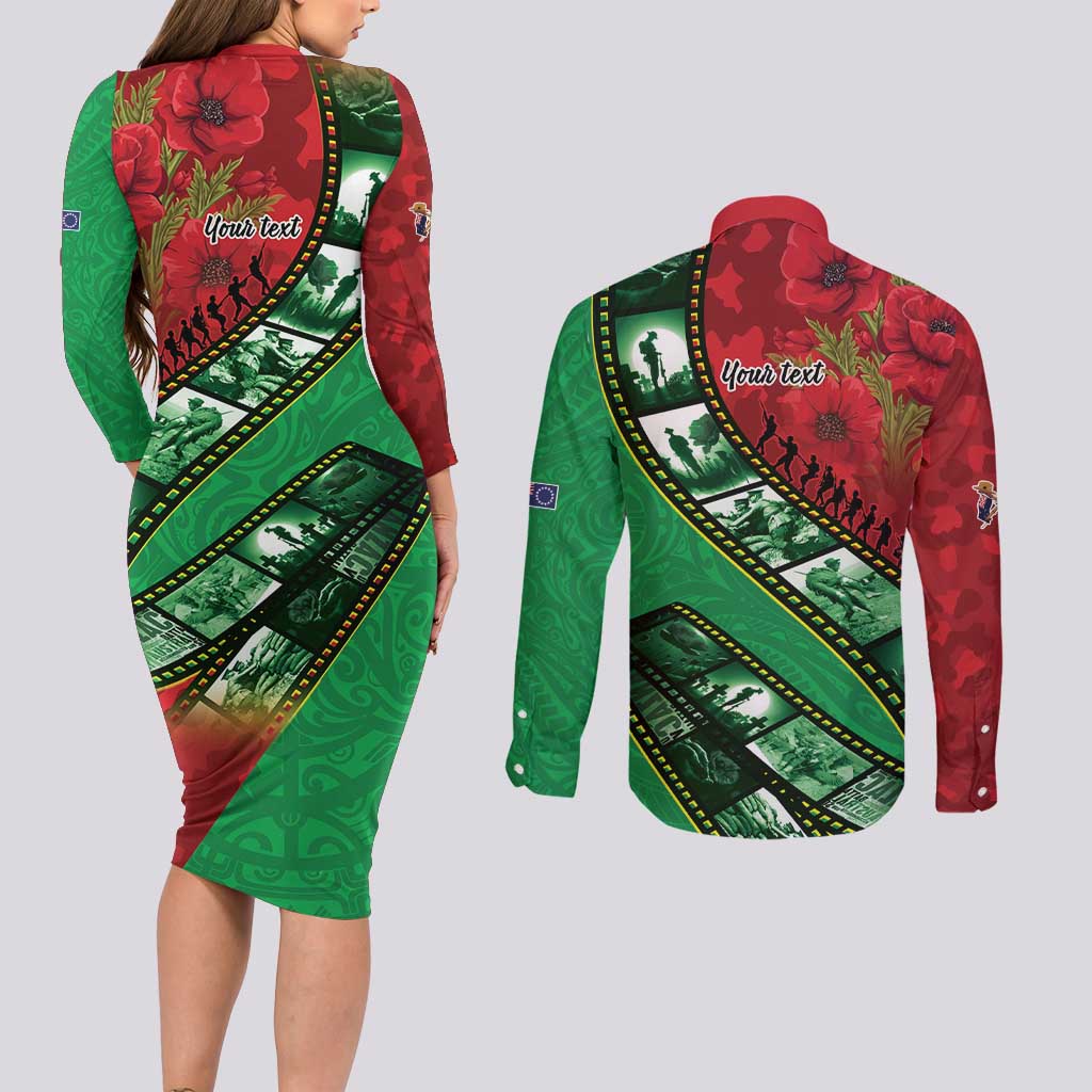 Personalised Cook Islands ANZAC 1915-2026 Filmstrip Couples Matching Long Sleeve Bodycon Dress and Long Sleeve Button Shirt Lest We Forget 25 April