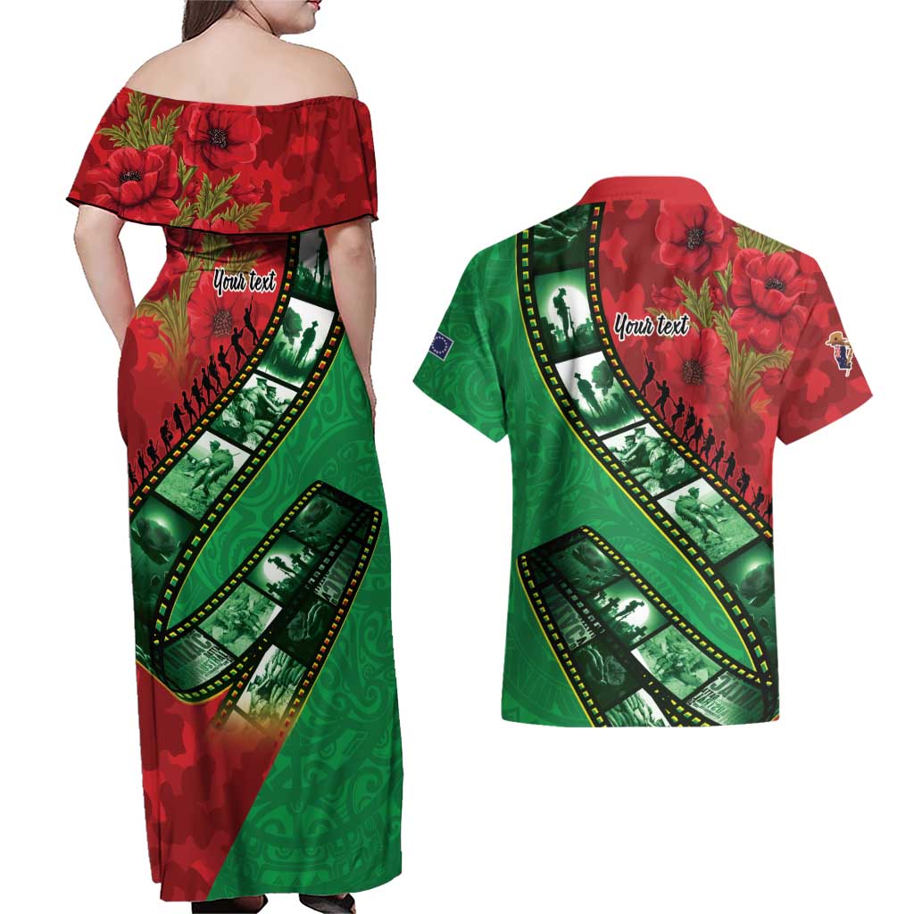 Personalised Cook Islands ANZAC 1915-2026 Filmstrip Couples Matching Off Shoulder Maxi Dress and Hawaiian Shirt Lest We Forget 25 April