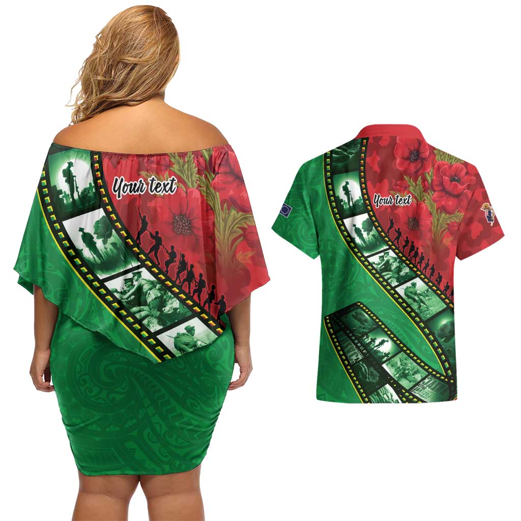 Personalised Cook Islands ANZAC 1915-2026 Filmstrip Couples Matching Off Shoulder Short Dress and Hawaiian Shirt Lest We Forget 25 April