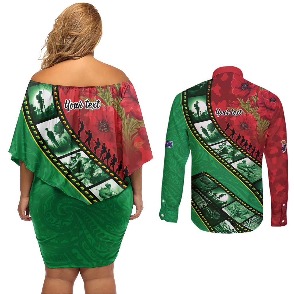 Personalised Cook Islands ANZAC 1915-2026 Filmstrip Couples Matching Off Shoulder Short Dress and Long Sleeve Button Shirt Lest We Forget 25 April